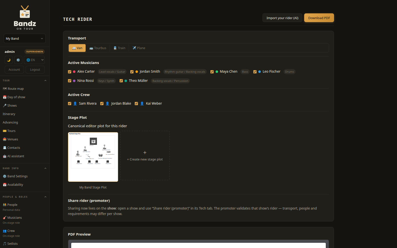 Bandz On Tour — tech rider on desktop: transport, active musicians and crew, stage plot